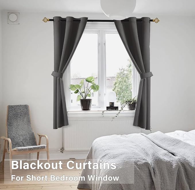 KOUFALL 48 Inch Long Black Out Curtains, Blackout Short Window Curtains 48 Inch Length for Bedroom Bathroom 2 Panels Set, Dark Grey