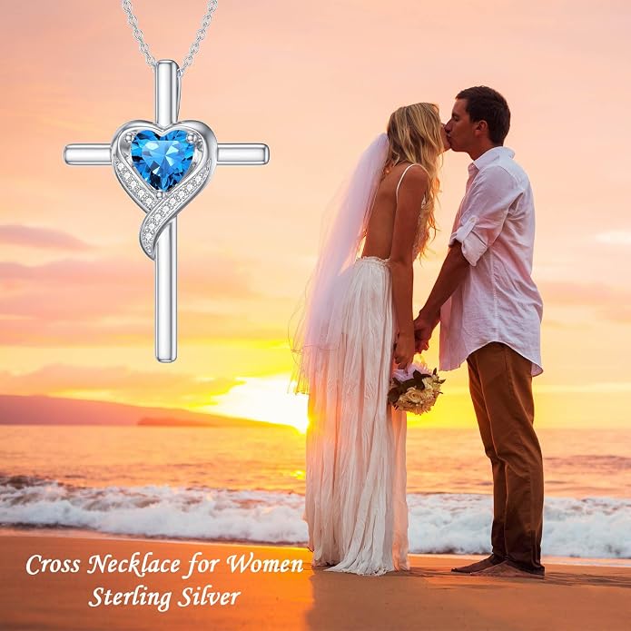 TOUPOP Birthstone Cross Necklace for Women 925 Sterling Silver Heart Cross Pendant Necklace Mothers Day Birthday Jewelry Gifts for Mom Wife Her