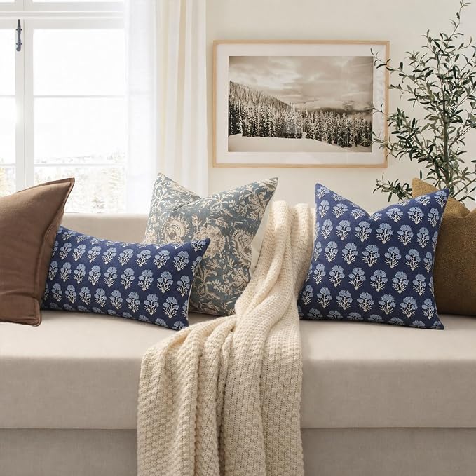 Farmhouse Floral Pillow Covers 20x20 Set of 2, Country Botanical Throw Pillow Cover for Sofa Couch Bed Living Room, Earthic Vintage Flower Cushion Covers Cottage Home Decor,Indigo Bloom