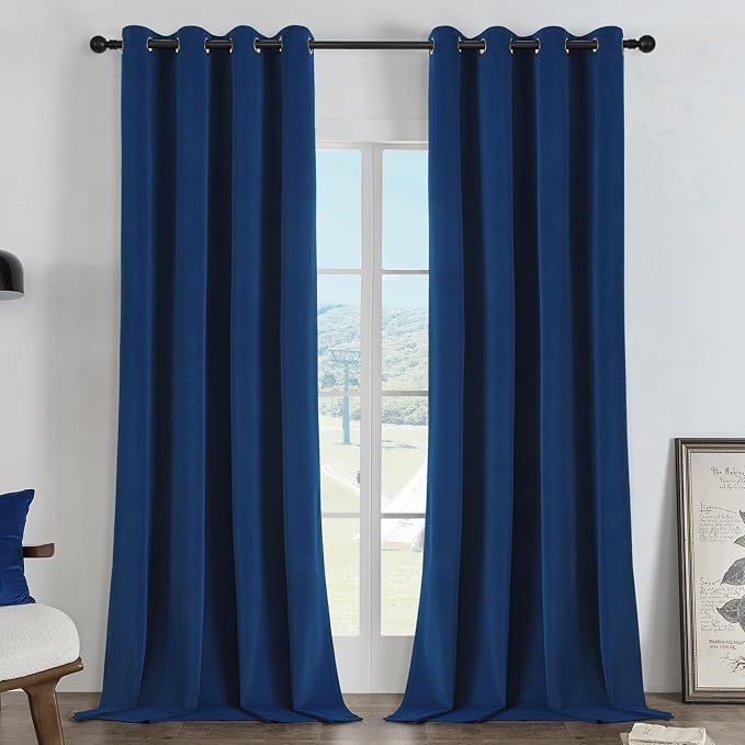 Joydeco 100% Blackout Velvet Curtains Royal Blue 90 Inch Grommet Top | Luxury Thermal Insulated Velvet Curtains for Bedroom Living Room, Soundproof Blackout Window Drapes