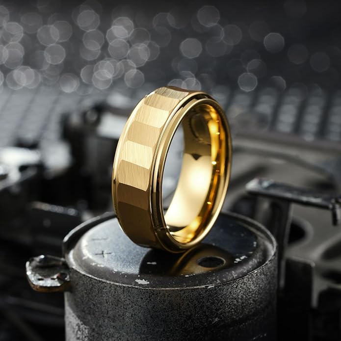 King Will Classic Tungsten Carbide Ring Brushed Two Grooved Center Hammered Design Mens Wedding Band for Men