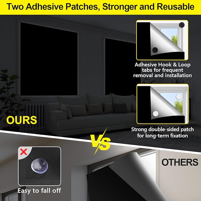 FADOTY 100% Blackout Curtains 2 Pack, 57"x 118" Black Out Window Cover | Blackout Window Film Shades Blinds, Cuttable, No Drill, Sun Heat Light Blocker for Bedroom, Nursery, Media Room, RV, Black