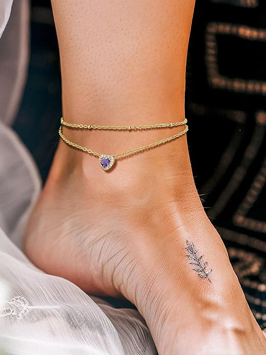 Richsteel Double Layer Heart/Butterfly Birthstone Anklet for Women Non Tarnish Waterproof, Silver/Gold/Black Stainless Steel 8.5-10.5 Inch Adjustable Chain Anklets Jewelry Gifts for Her