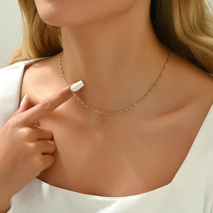 Gold Chain Necklace for Women Dainty Simple Satellite Beaded Twisted Chain Choker Necklace Everyday Jewelry Christmas Gifts