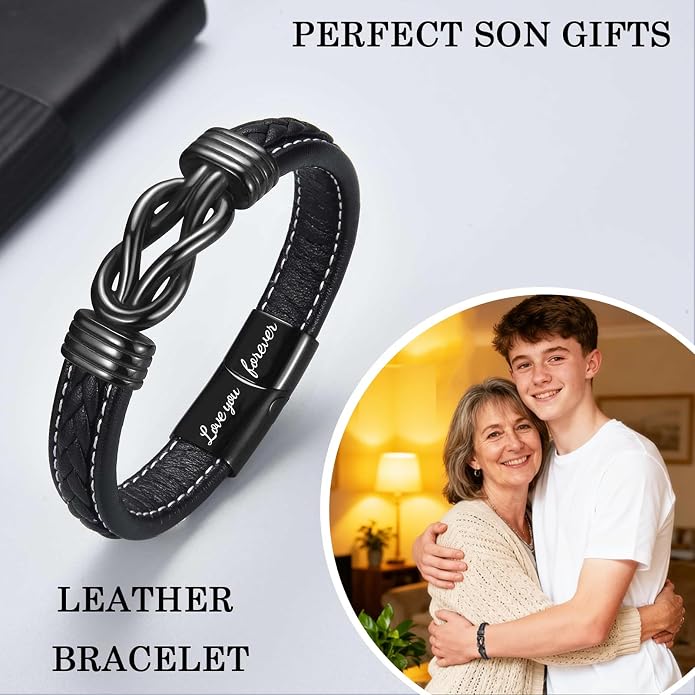 Gifts for Men Infinity Leather Bracelet for Dad New Daddy Husband Boyfriend Son Grandson Brother Nephew Uncle Black Braided Engraved Leather Jewelry Gifts for Fathers Day Birthday Christmas