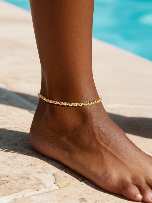 ChainsPro Resizable Anklet Chain for Women Men, Figaro/Wheat/Twist Rope/Cuban Foot Bracelet-Strong with Good Clasp-18K Gold Plated(Send Gift Box)