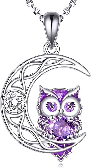 Owl Birthstone Necklace Sterling Silver Celtic Moon Pendant Cubic Zirconia Owls Jewelry Birthday Gifts for Women Men