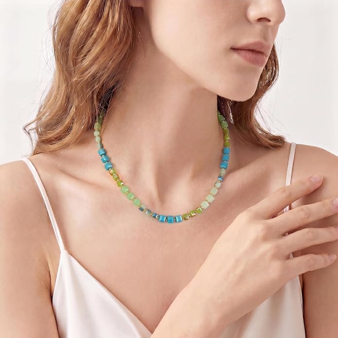 LALAPPLE Colorful Beaded Gemstone Necklace for Women, Boho Rainbow Bead Choker with Natural Stone Crystal Beads, Handmade Summer Beach Necklace Jewelry