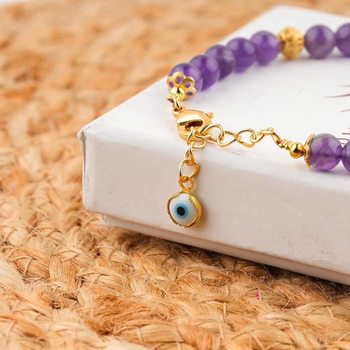 AAA Grade Natural Gemstone Beaded Bracelet, 14K Gold Plated with Evil Charm, Wicca & Reiki Healing Crystals, Handmade Bohemian Jewelry, Christmas Gift for Women (7+1inch)