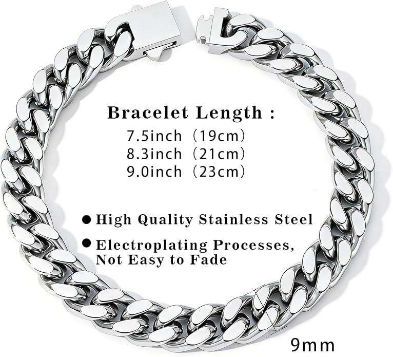 Stainless Steel Cuban Link Bracelet for Men - Gold/Silver Plated Miami Curb Chains Bracelet - Cuban Hand Chain Wrist Bracelet Hip Hop Jewelry, 9mm/11mm Width, 7.5"/8.3"/9"