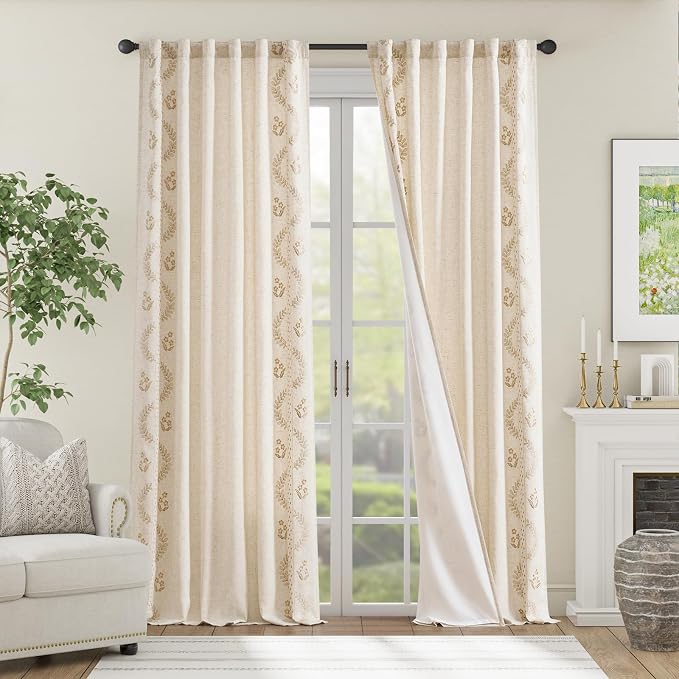jinchan Floral Lined Linen Curtains 96 Inch Rod Pocket 2 Panels Beige | Embroidered curtains,privacy lining,boho curtains,light filtering,living room,bedroom,flower patterned,window treatment