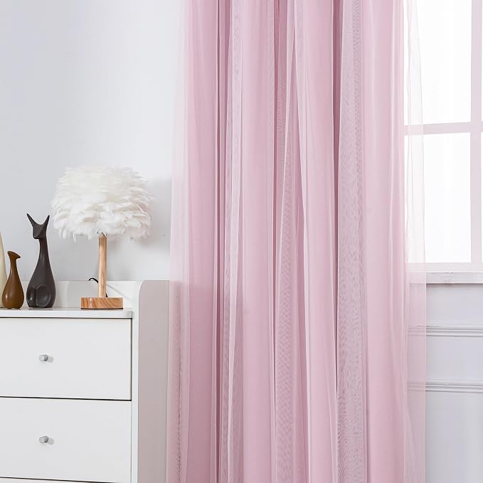 INLINAS Pale Pink Blackout Curtains with Sheer Overlay - Grommet Top Thermal and Noise Reduction Panels for Bedroom and Living Room Light Blocking and Energy Saving, 52 x 63 Inches, Set of 2