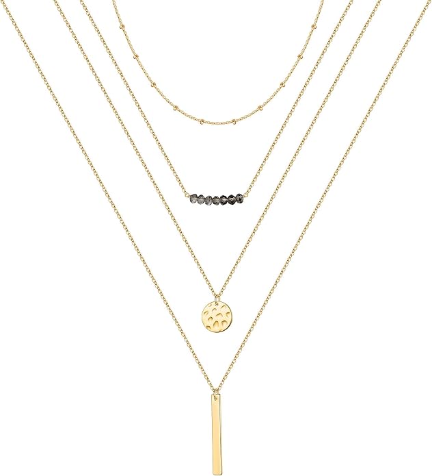 Turandoss Gold Layered Necklaces for Women - 14K Gold Plated Handmade Multilayer Bar Pearls Coin Disc Moon Butterfly Medallion Adjustable Dainty Layered Choker Necklaces for Women Jewelry