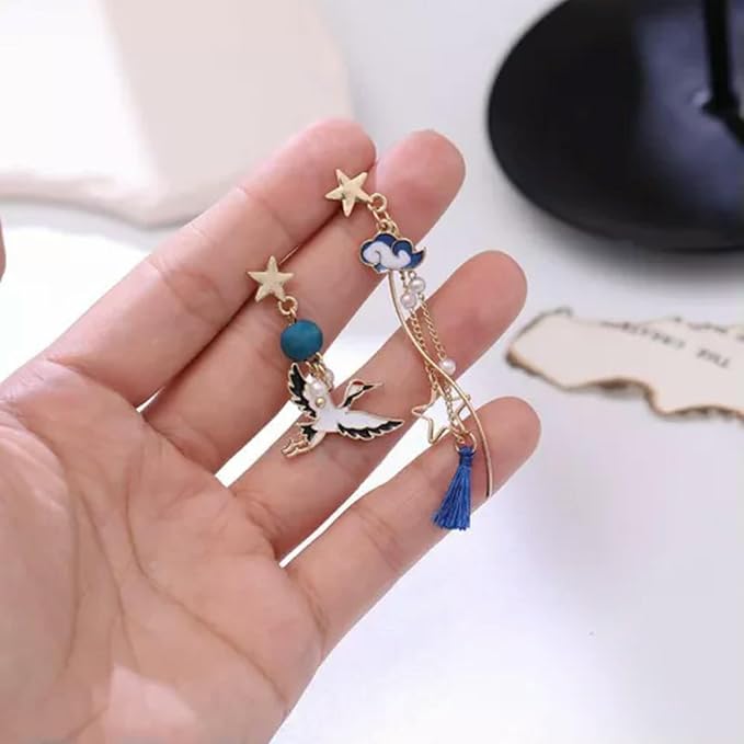 Cute Asymmetric Cat Moon Flower Long Tassel Stud Dangle Earrings Women Jewelry-Cat & Flower Fan