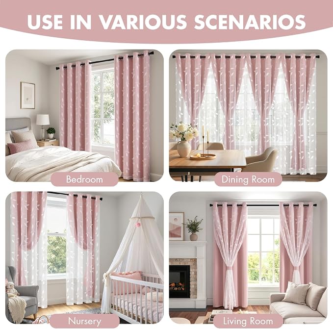 MIULEE Double Layer Curtains 96 Inches Long, White Leaf Patterned Sheer Floral Drapes and Pink Blackout Room Darkening Window Curtains for Living Room Bedroom, Grommets Top, 52" W x 96" L, 2 Panels