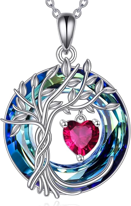 POPLYKE Mothers Day Gifts for Mom Her Wife Tree of Life Necklace 925 Sterling Silver Birthstone Pendant with Crystal Anniversary Birthday Wedding Jewelry for Women