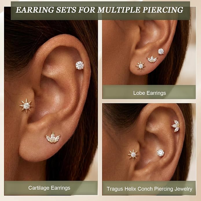 3 Pairs 20G Flat Back Earrings, G23 Titanium Hypoallergenic CZ Studs, 14K Gold Cartilage Helix Tragus Conch Piercing Jewelry for Women