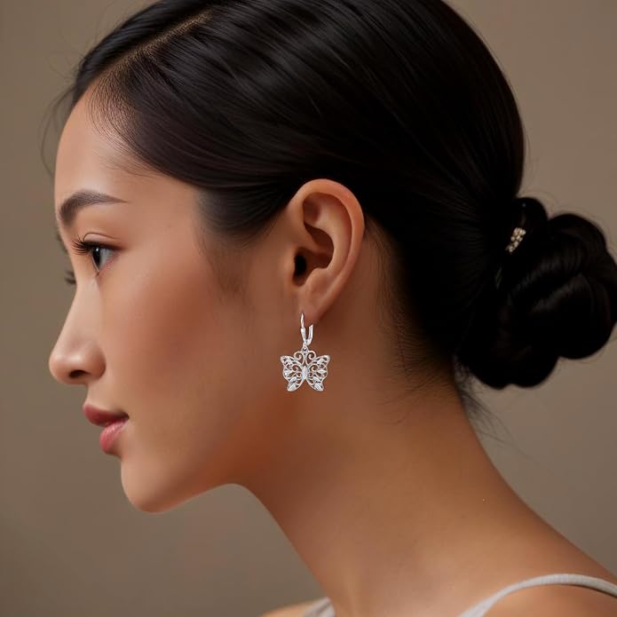 Charmsy 925 Sterling Silver Filigree Earrings for Women | Lightweight Diamond-Cut Openwork Leverback Dangle Earrings | Romantic Jewelry Gifts for Women