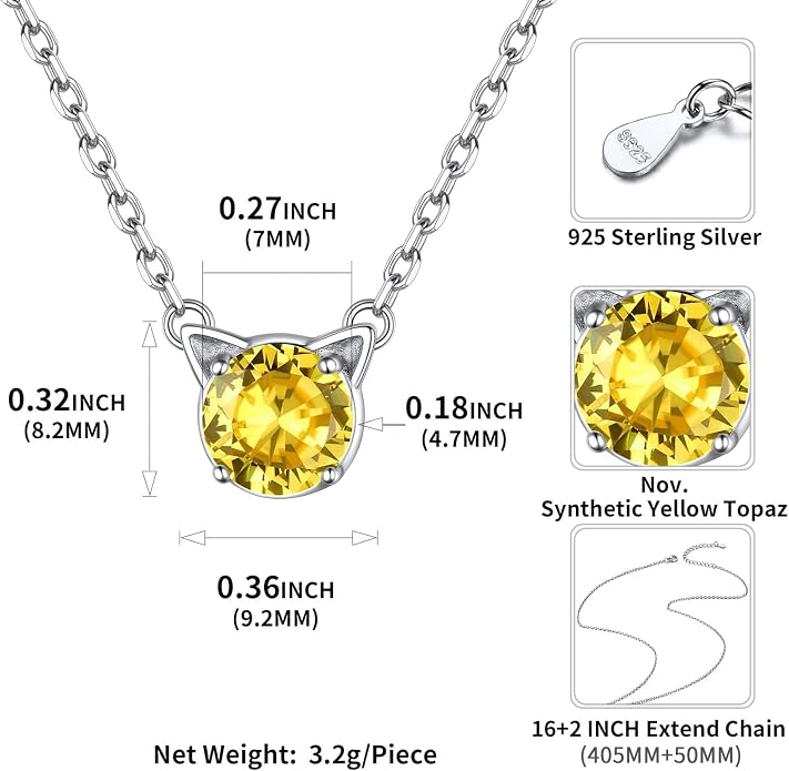 ChicSilver Bow and Cat Birthstone Necklace, 925 Sterling Silver Pendant Necklaces for Women, Hypoallergenic Silver Choker with 16 inch Rolo Chain, 12 Months Jewelry for Valentines Mothers Day Christmas