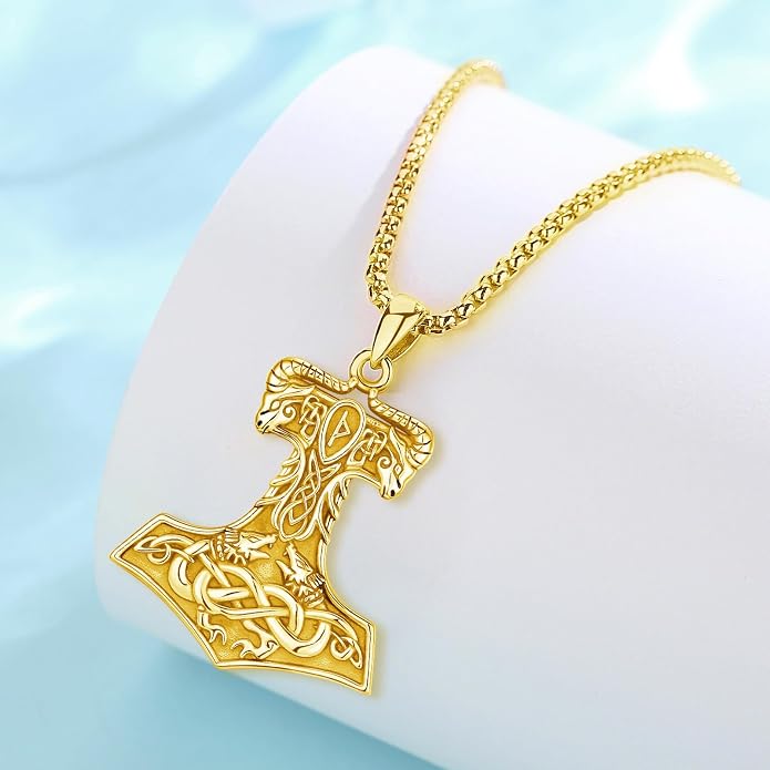 Viking Thor's Hammer Necklace for Men Women, S925 Sterling Silver Vintage Norse Talisman Mjolnir Necklace Amulet Pendant Jewelry Gifts with Sturdy Box Chain