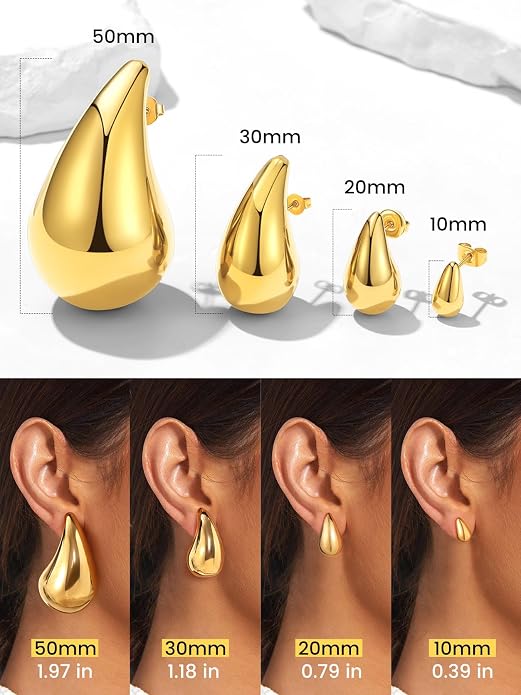 KeyStyle Chunky Gold Hoop Earrings for Women Trendy, Stainless Steel TearDrop Hoops Earring, Lightweight Water Drop Ear Jewerly