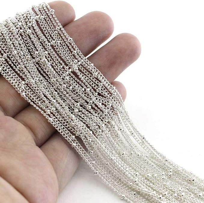 12PCS Silver Plated Brass Curb Chain Satellite Beaded Chains Bulk for Jewelry Making (18 Inch(1.5mm))