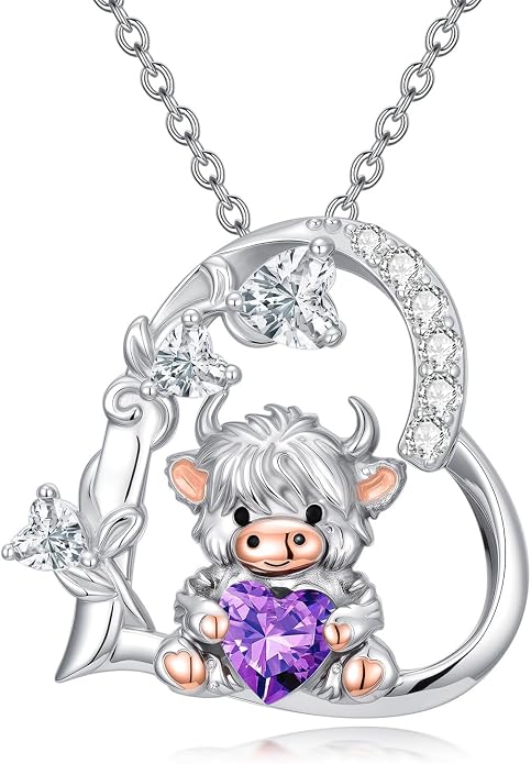 PELOVNY Teddy Bear Necklace for Women 925 Sterling Silver Bear/Highland Cow/Fox/Cat/Axolotl Birthstone Necklace Christmas Birthday Jewelry Gifts for Mom Daughter Wife Sister