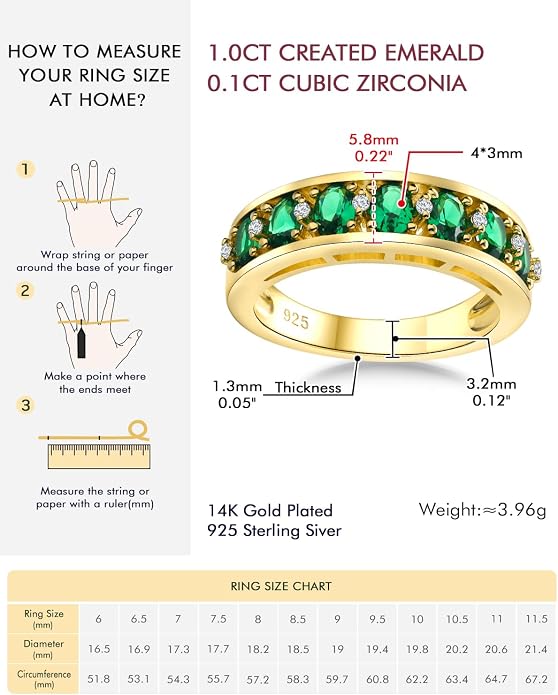 DAYBYDAY Oval Band Rings for Women, 925 Sterling Silver/14k Gold Plated Half Eternity Ring, Aquamarine/Ruby/Emerald/Sapphire Birthstone Rings, Thick Band Gemstone Anniversary Ring Size 6 to 10