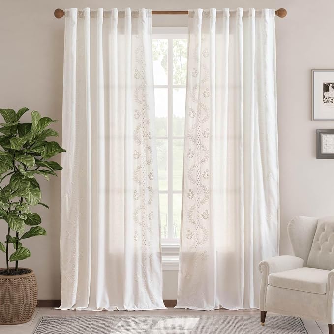 jinchan Floral Linen Curtains 96 Inch Farmhouse Back Tab 2 Panels White | Embroidered curtains,boho curtains,living room,bedroom,light filtering,privacy,flower patterned drapes,window treatment