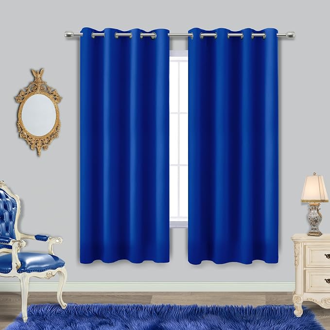 Blue Curtains 63 Inch Length for Boys Room Set 2 Panels Grommet Window Drapes Sun Light Blocking Insulated Thermal Room Darkening Blackout Curtains for Kids Bedroom Royal Dark Bright Blue 52x63 Long