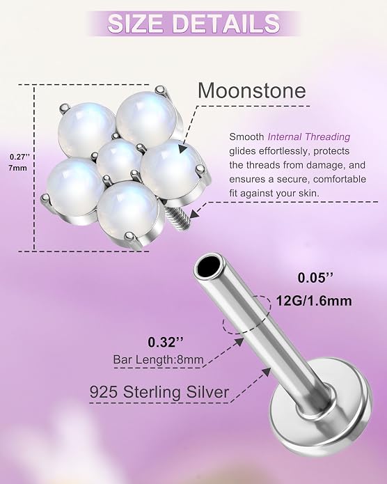 Chrysoprase Moonstone 925 Sterling Silver Hypoallergenic Flat Back Stud Earring Internally Threaded 16G 8mm Fine Piercing Jewelry for Helix Tragus Conch Cartilage Lip