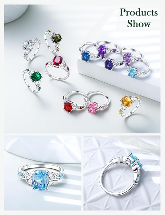925 Sterling Silver Birthstone Rings for Women Cushion Cut Engagement Celtic Knot Ring Irish Jewelry Created Gemstone Anniversary Rings Size 6-10(with Box)