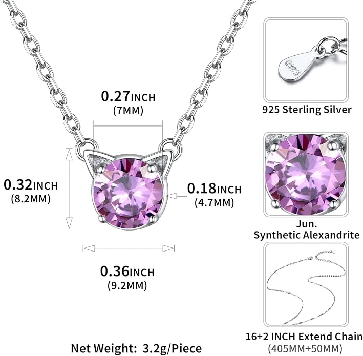 ChicSilver Bow and Cat Birthstone Necklace, 925 Sterling Silver Pendant Necklaces for Women, Hypoallergenic Silver Choker with 16 inch Rolo Chain, 12 Months Jewelry for Valentines Mothers Day Christmas