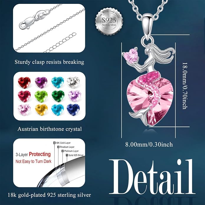 Mermaid Birthstone Necklace for Women 925 Sterling Silver Jewelry Austrian Crystal Pendant Christmas Gifts for Her
