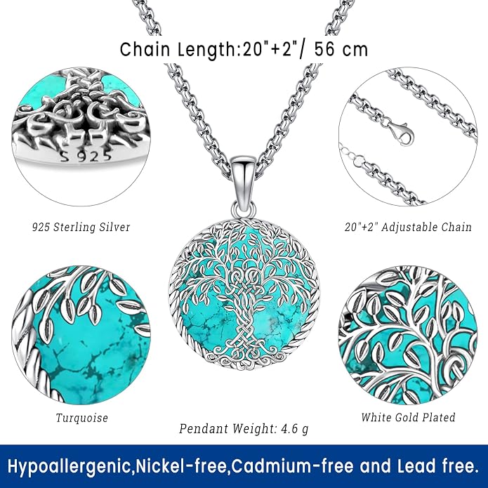 Turquoise Jewelry for Women Men 925 Sterling Silver Pendant Urn Necklaces for Ashes Picture Locket Necklace Thor Hammer Yggdrasil Virgen De Guadalupe St Michael Christopher Judas Witches Knot Necklace