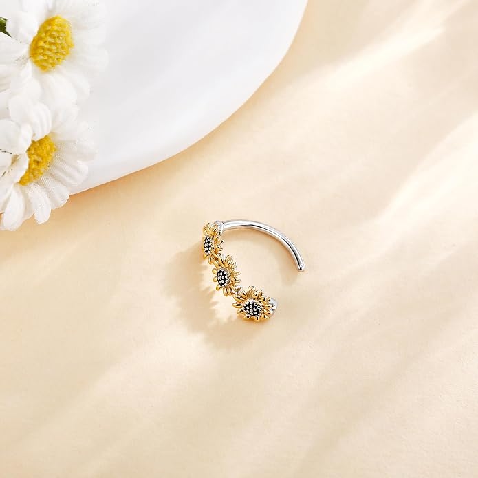 Sunflower Daisy Belly Button Ring Dangle Hoop 925 Sterling Silver Hypoallergenic Belly Button Piercing Body Navel Rings Sexy Belly Button Jewelry Gifts for Women (14G)