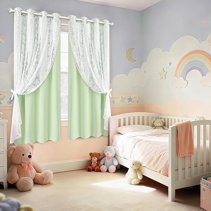 Yinhua Double Layer Blackout Curtains for Bedroom Green Curtains for Living Room 63 Inch Length 2 Panels Set Kid Curtain with Tiebacks, Grommet Drapes with Floral Sheer Overlay, 52" W x 63" L
