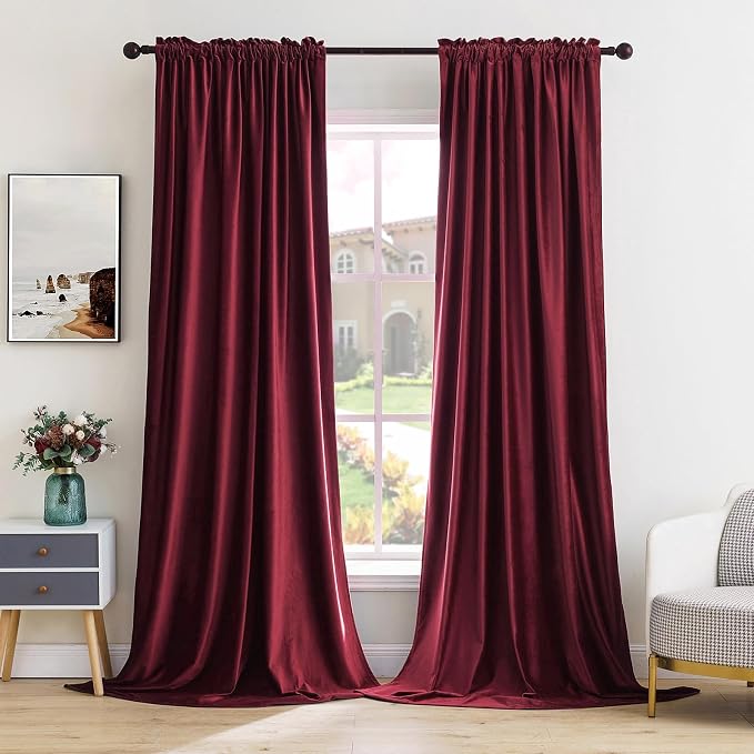 MIULEE Burgundy Red Blackout Velvet Curtains Drapes 90 Inch Long 52"x90" | Luxurious Bedroom Living Room Decor, Room Darkening, Thermal Insulated, Rod Pocket Design, Super Soft Fabric