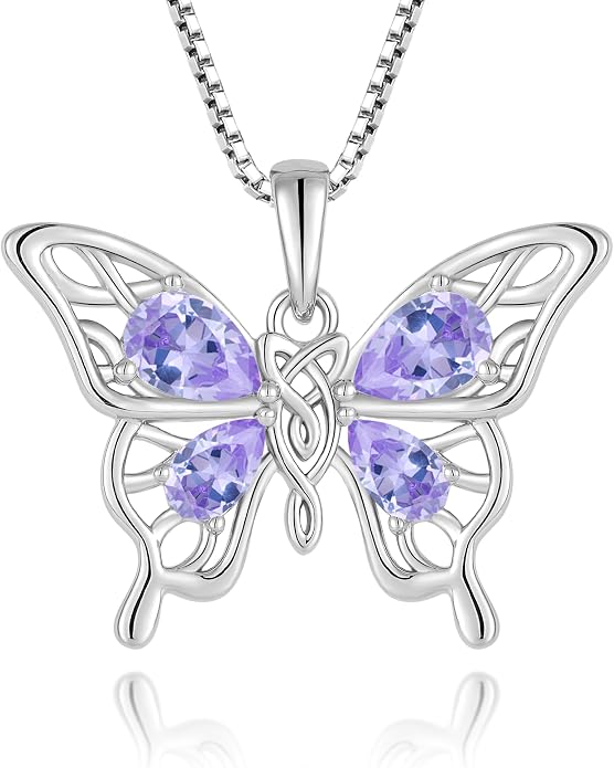 Butterfly Necklace 925 Sterling Silver Celtic Knot Pendant Teardrop Birthstone Twisted Jewelry for Women
