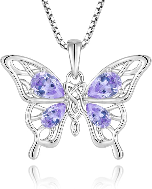 Butterfly Necklace 925 Sterling Silver Celtic Knot Pendant Teardrop Birthstone Twisted Jewelry for Women