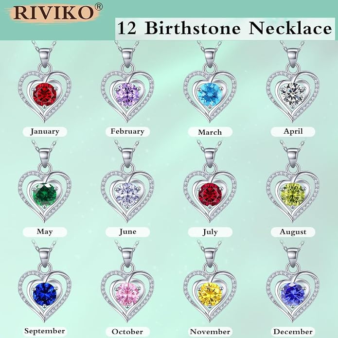 RIVIKO Heart Birthstone Pendant Necklace for Women 925 Sterling Silver Zirconia Necklaces Valentine's Day Anniversary Birthday Mothers Day Jewelry Gifts For Her Mother Wife