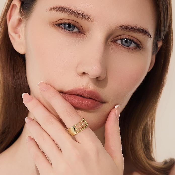 Cicy Bell Gold Rings for Women 18K Gold Plated Non Tarnish Chunky Wide Ring Chain Link Jewelry Gifts for Lovers and Mom Size 7