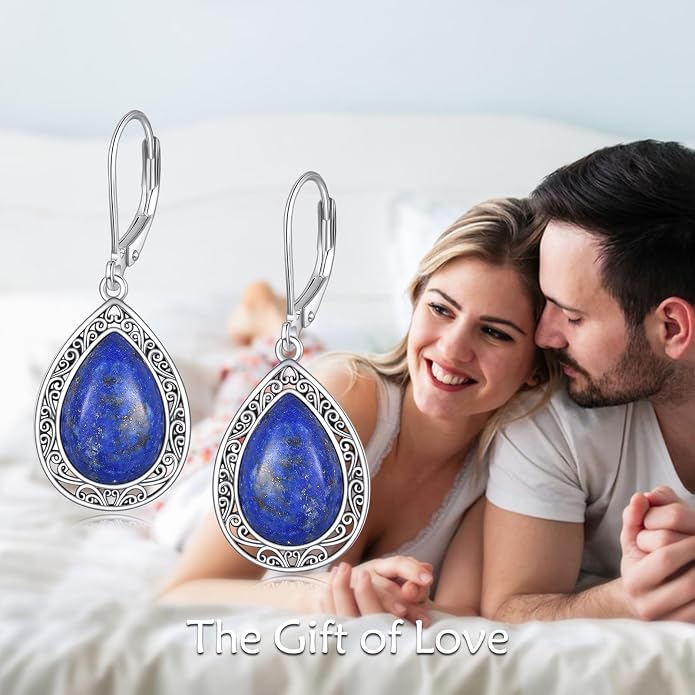 Moonstone/Lapis Lazuli/Peridot/Amethyst/Pink Teardrop Earrings for Women Sterling Silver Filigree Dangle Earrings Leverback Earrings Jewelry Gifts for Women