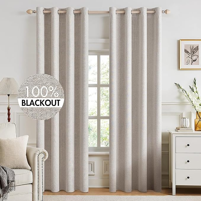 MIULEE 100% Blackout Linen Textured Curtains for Bedroom Solid Thermal Insulated Ivory Grommet Room Darkening Curtains & Drapes Luxury Decor for Living Room 52 x 94 Inch (2 Panels)