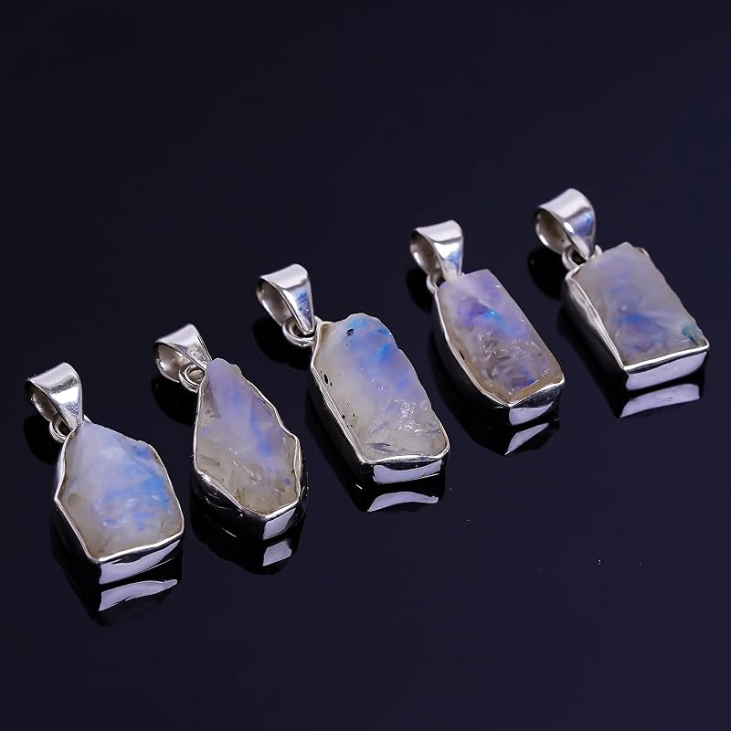 Natural Real Raw Rainbow Moonstone Crystals Bezel Pendant Necklace, Healing Rough Gemstone, 925 Sterling Silver Jewelry 18 inch