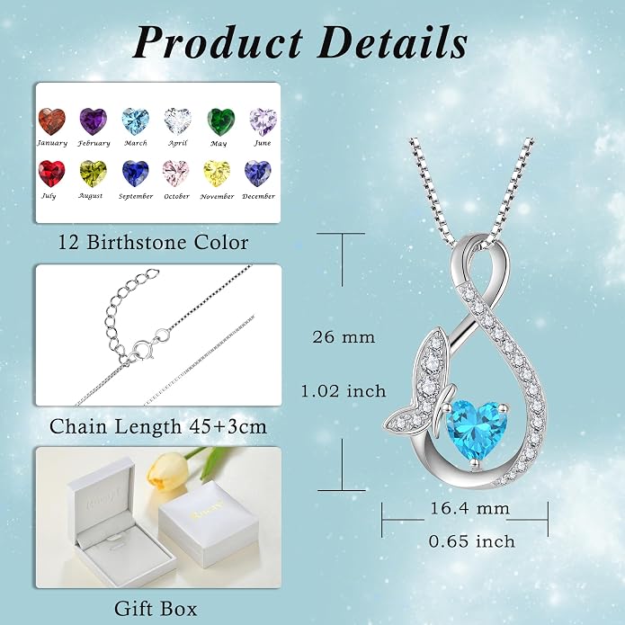Infinity Butterfly Necklace for Women 925 Sterling Silver Heart Birthstone Created Gemstone Pendant Jewelry Gifts for Women Her