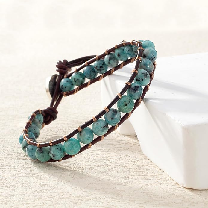 KELITCH Turquoise Mix Beaded Bracelets Single Wrap Bracelet on Brown Leather Handwoven New Jewelry
