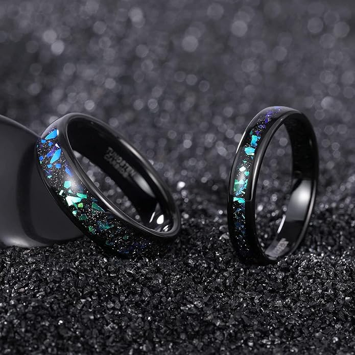 TRUMIUM 4mm 6mm Wedding Rings for Men Women Tungsten Carbide Galaxy Opal and Sandblast Inlay Multi-Colored Mens Wedding Band Beveled Edges Comfort Fit Size 5-13