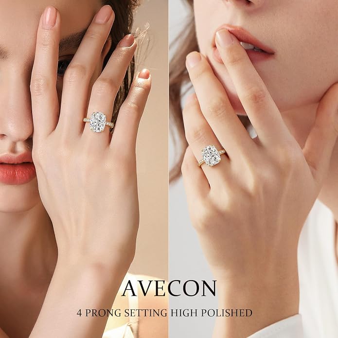 AVECON 3CT/5CT Elongated Cushion Cut Engagement Ring for Women, Wedding Promise Cubic Zirconia Band, White Gold Plated Bridal Half Eternity Rings with 4 Prong, Size 5-9