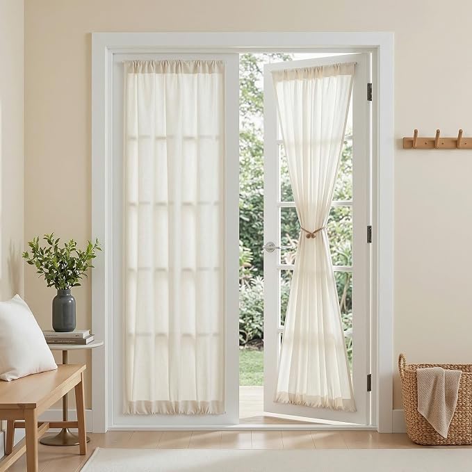 MYSKY HOME Linen French Door Curtains for Door Window 72 Inch Length 2 Panels Semi Sheer Light Filtering Curtain for Bedroom Window Glass Rod Pocket for Kitchen Dining Room, Natural Linen, 26" Wide